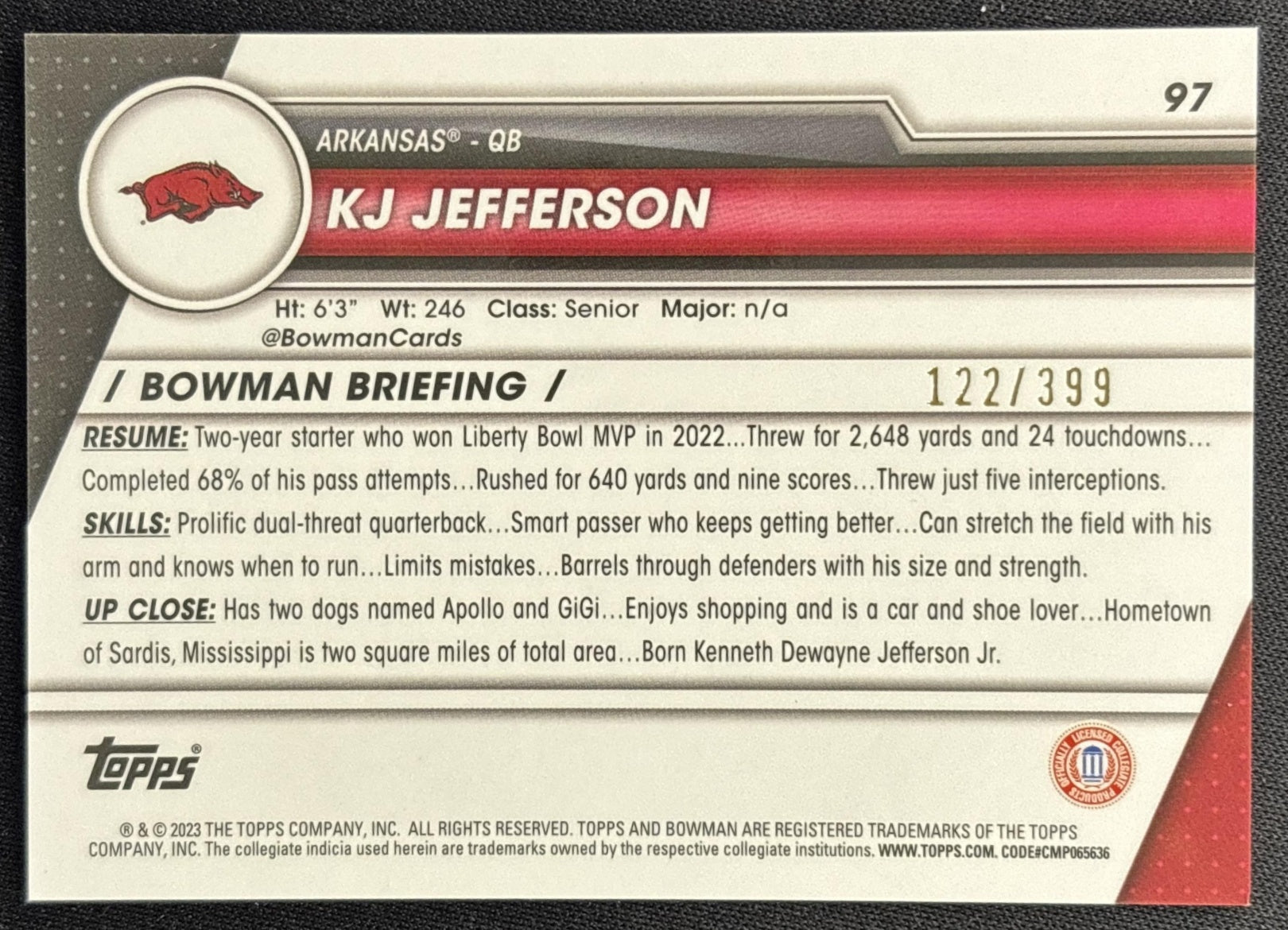 KJ Jefferson 2023 Bowman University Chrome Purple Refractor /399 Razorbacks back