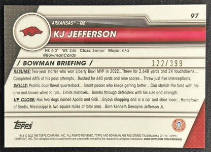 KJ Jefferson 2023 Bowman University Chrome Purple Refractor /399 Razorbacks back