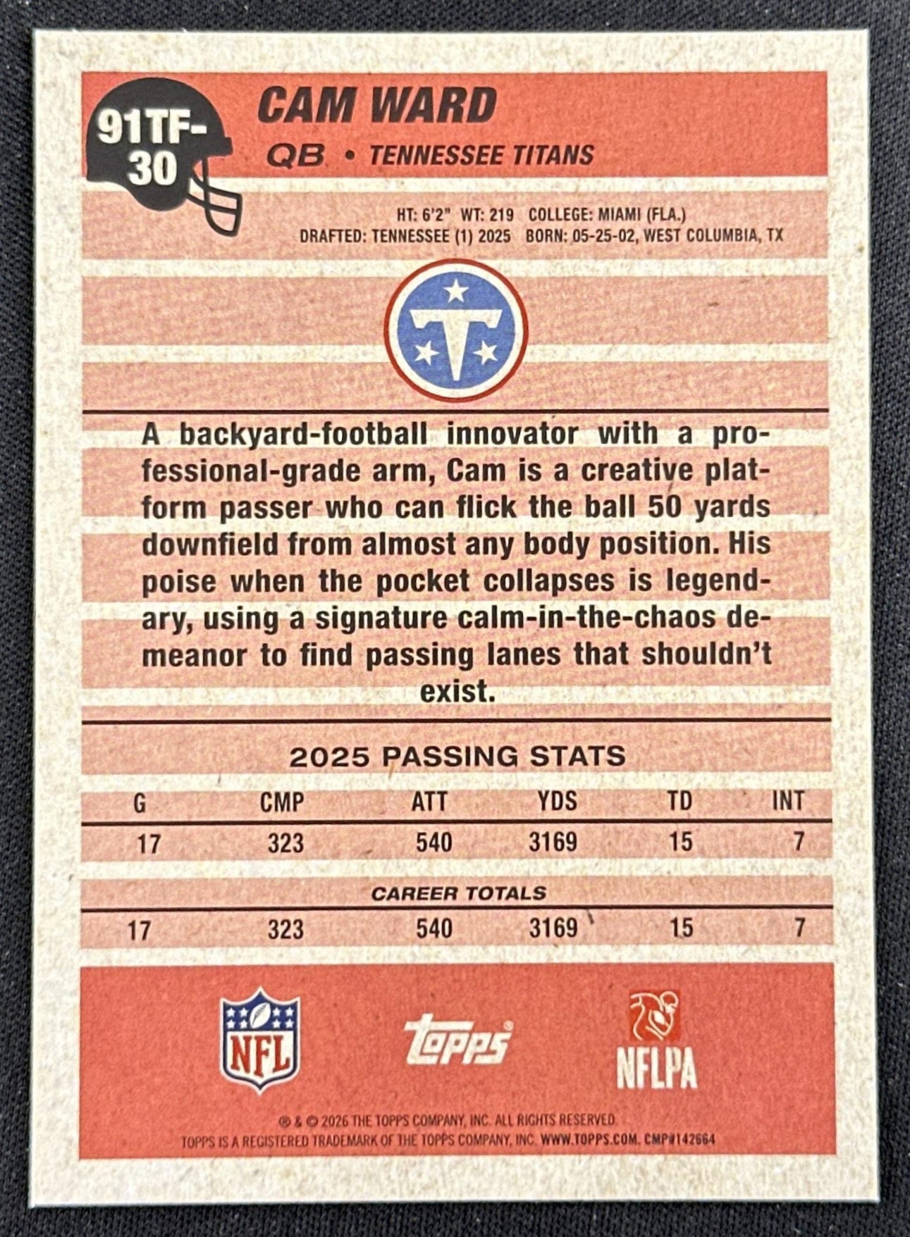 Cam Ward 2026 Topps Flagship 1991 Titans