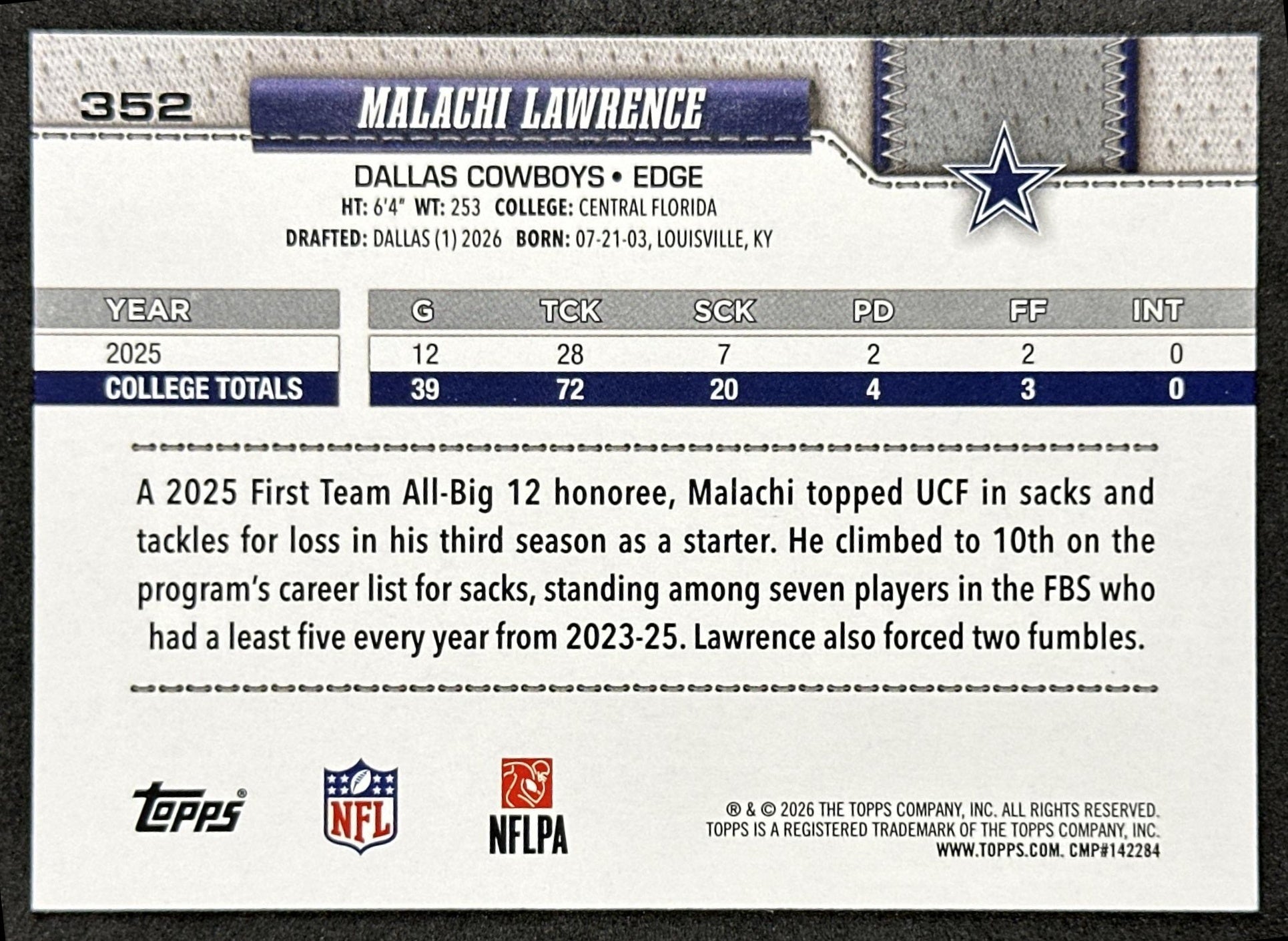 Malachi Lawrence 2026 Topps Flagship Rookie Cowboys Sports Trading Cards