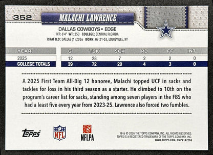 Malachi Lawrence 2026 Topps Flagship Rookie Cowboys Sports Trading Cards