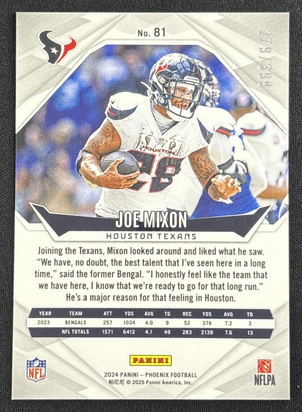 Joe Mixon 2024 Panini Phoenix Team Helmet /399 Texans