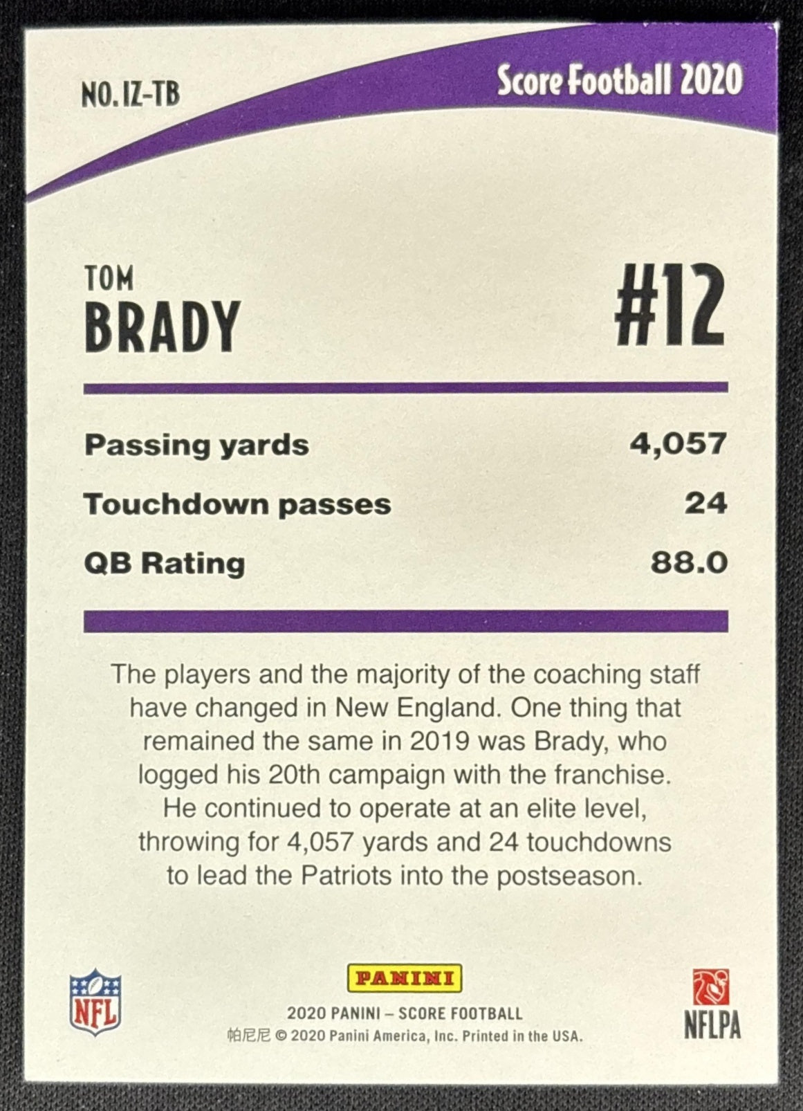 Tom Brady 2020 Panini Score In the Zone Patriots Sports Trading Cards