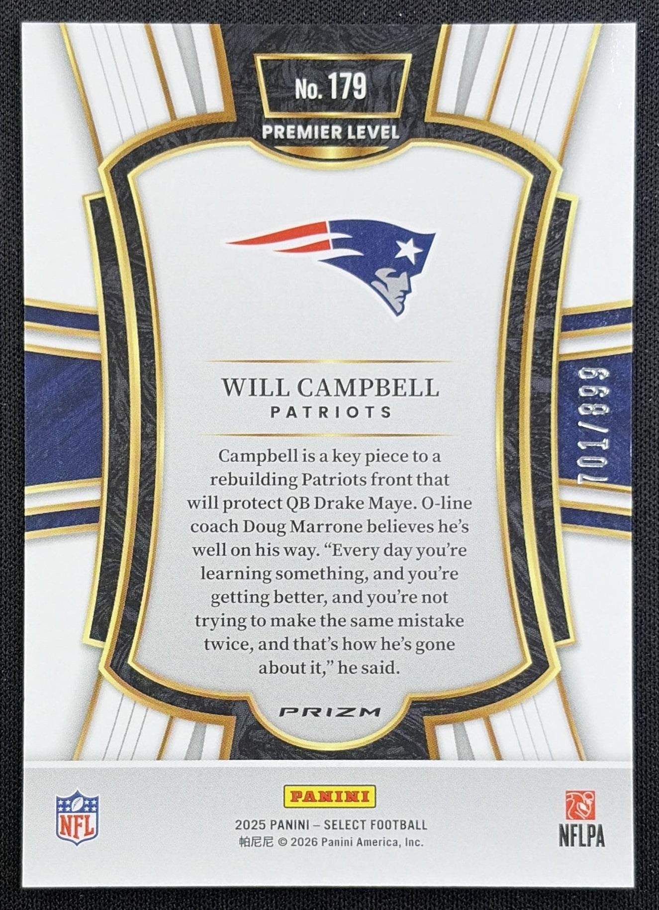 Will Campbell 2025 Panini Select Premier Level Copper Prizm Shock /899 Patriots
