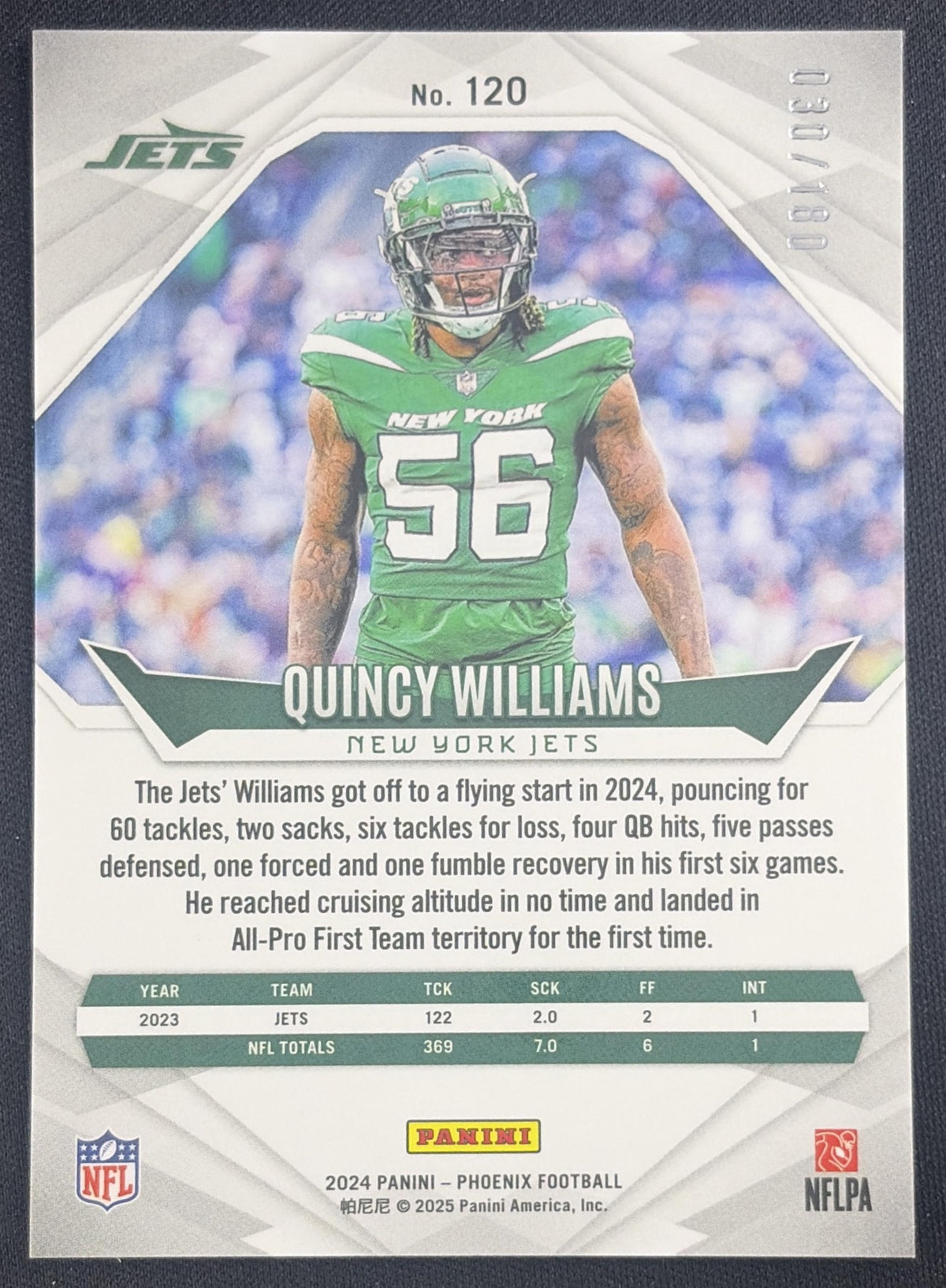 Quincy Williams 2024 Panini Phoenix Stars /180 Jets New York Jets