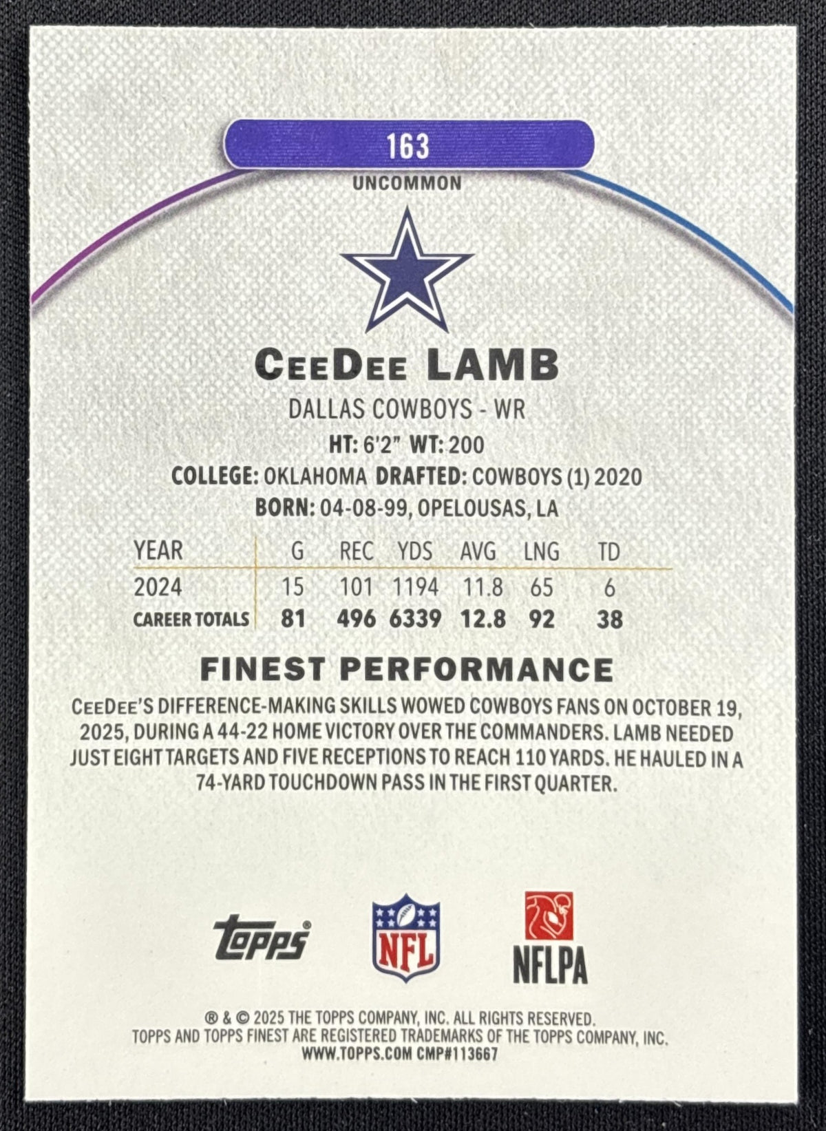 CeeDee Lamb 2025 Topps Finest Uncommon Sky Blue Refractor /250 Cowboys