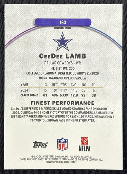 CeeDee Lamb 2025 Topps Finest Uncommon Sky Blue Refractor /250 Cowboys