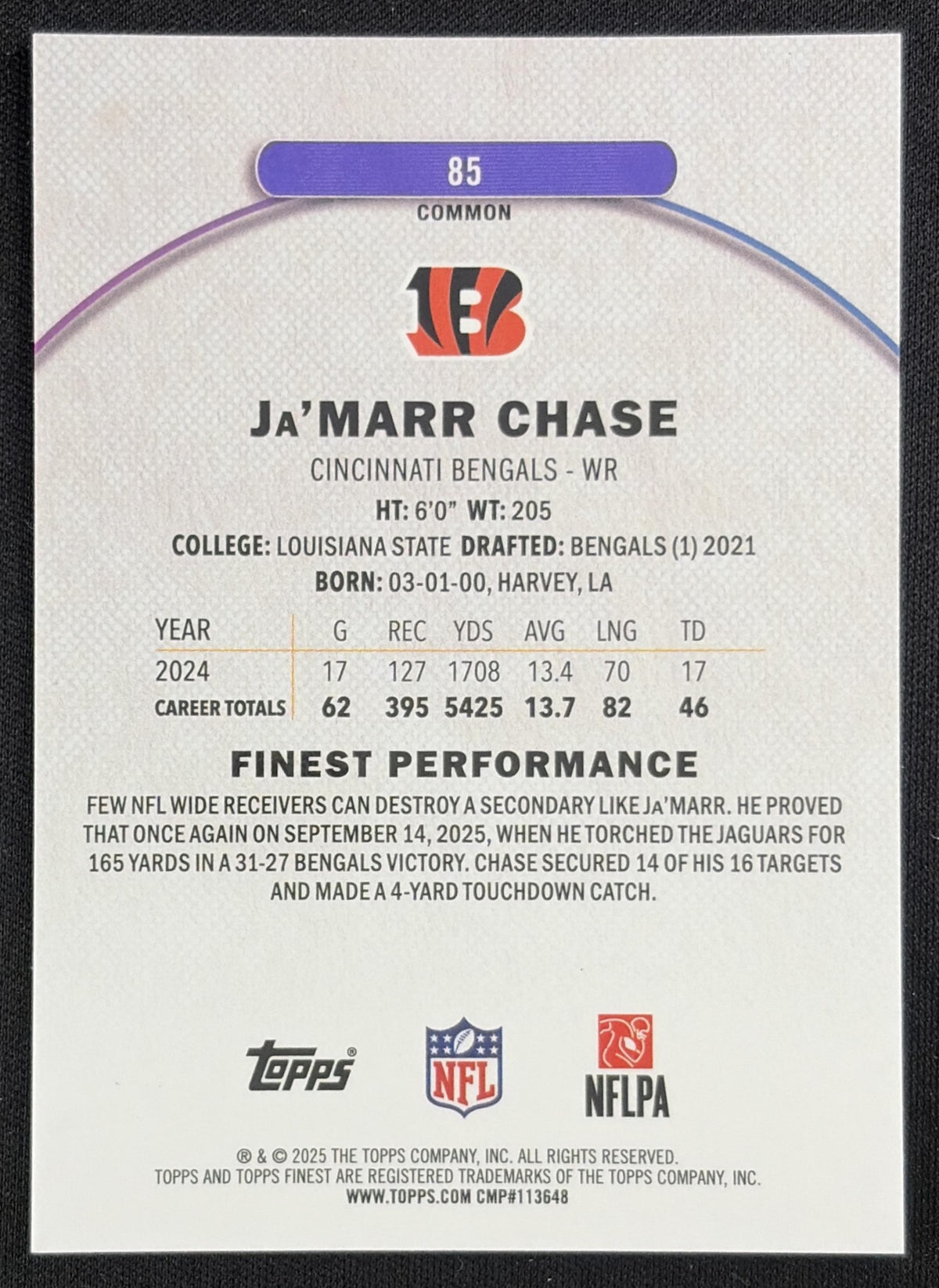 Ja'Marr Chase 2025 Topps Finest Purple Refractor /250 Bengals