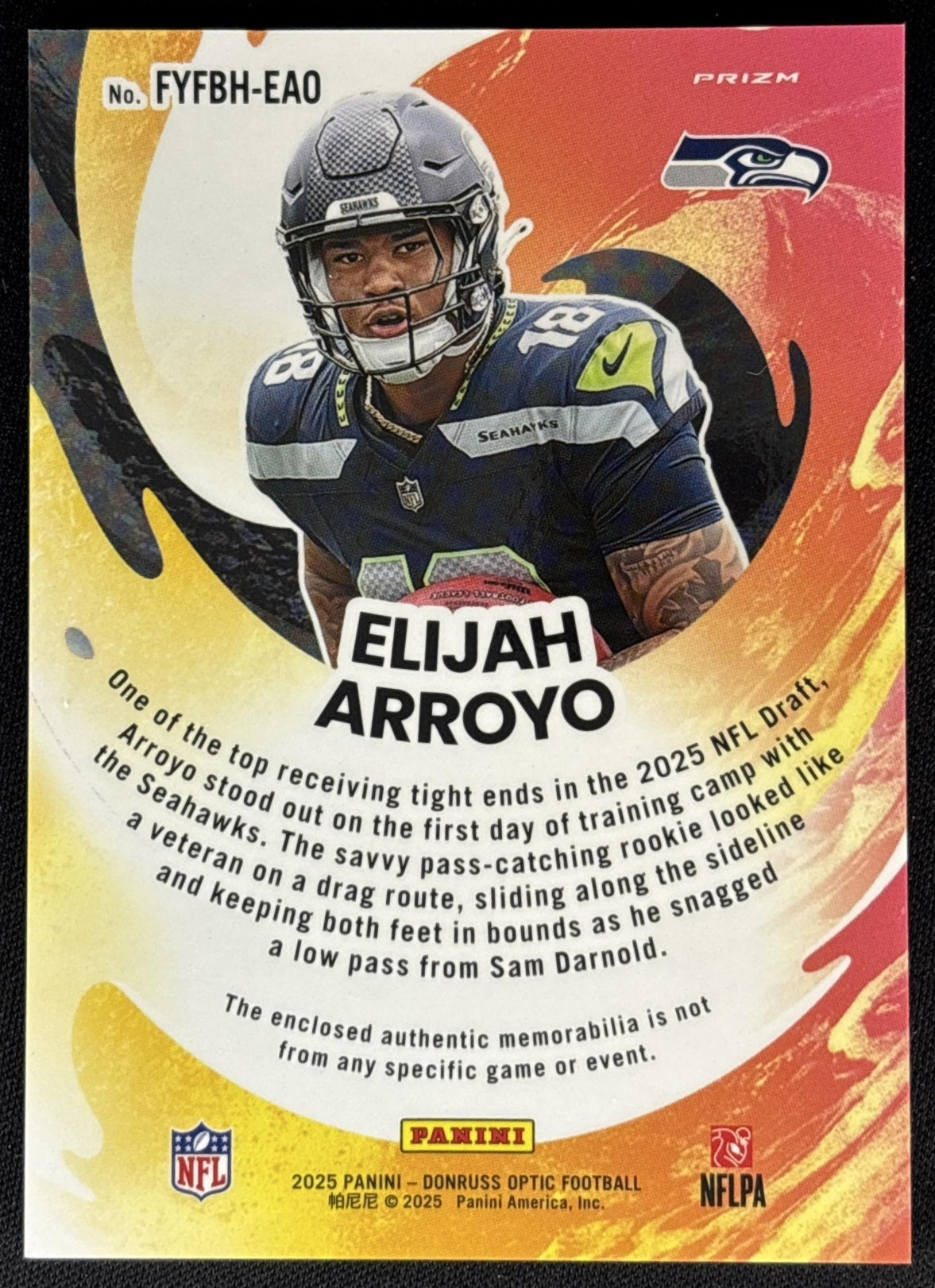 Elijah Arroyo 2025 Donruss Optic First Year Fresh Blue Hyper Prizm Seahawks