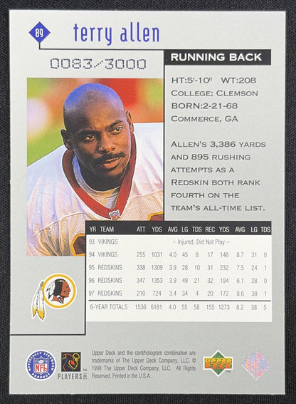 Terry Allen 1998 Upper Deck Black Diamond Rookie Edition Double /3000 Redskins