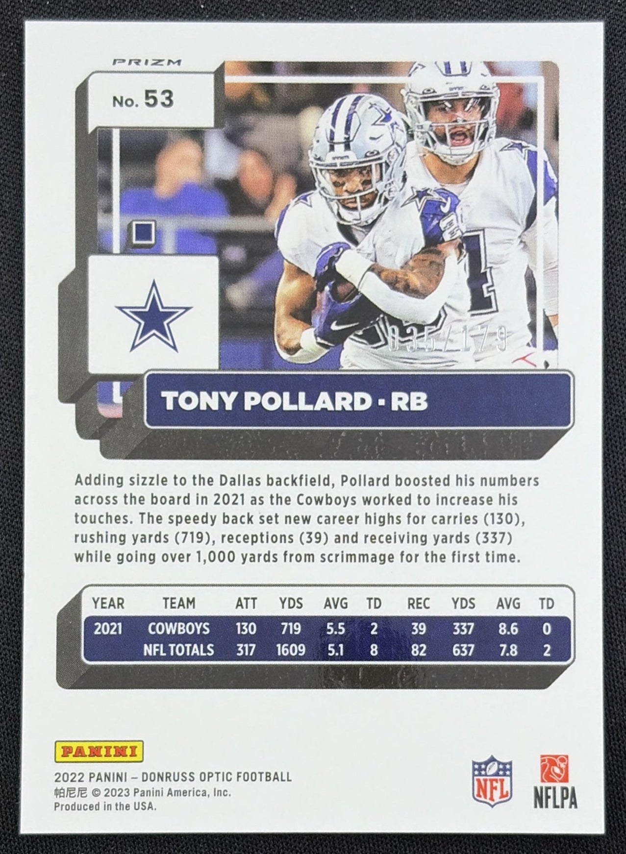 Tony Pollard 2022 Panini Donruss Optic Blue /179 Cowboys