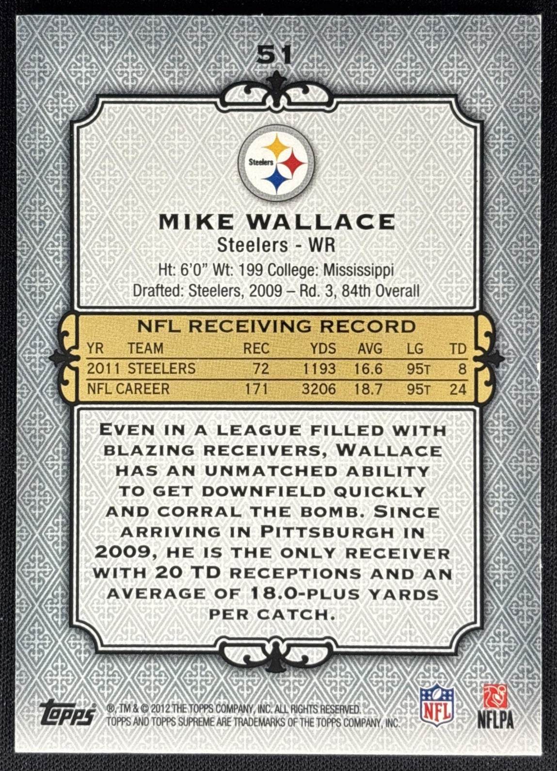 Mike Wallace 2012 Topps Steelers back