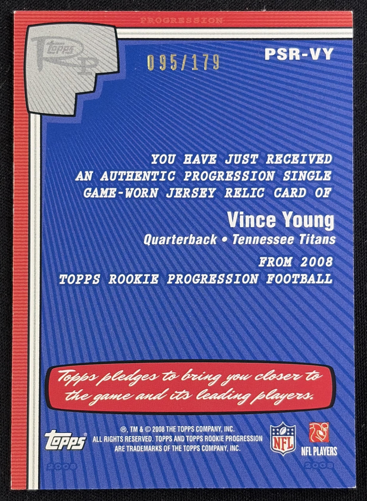 Back of Vince Young 2008 Topps Rookie Progression Game Worn Jerseys Silver /179 Titans sports trading card