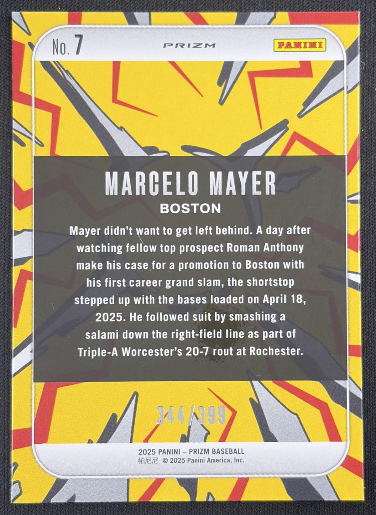 Marcelo Mayer 2025 Panini Prizm Dingers! Prizms Orange Pulsar /399 Red Sox Boston Red Sox Sports Trading Card