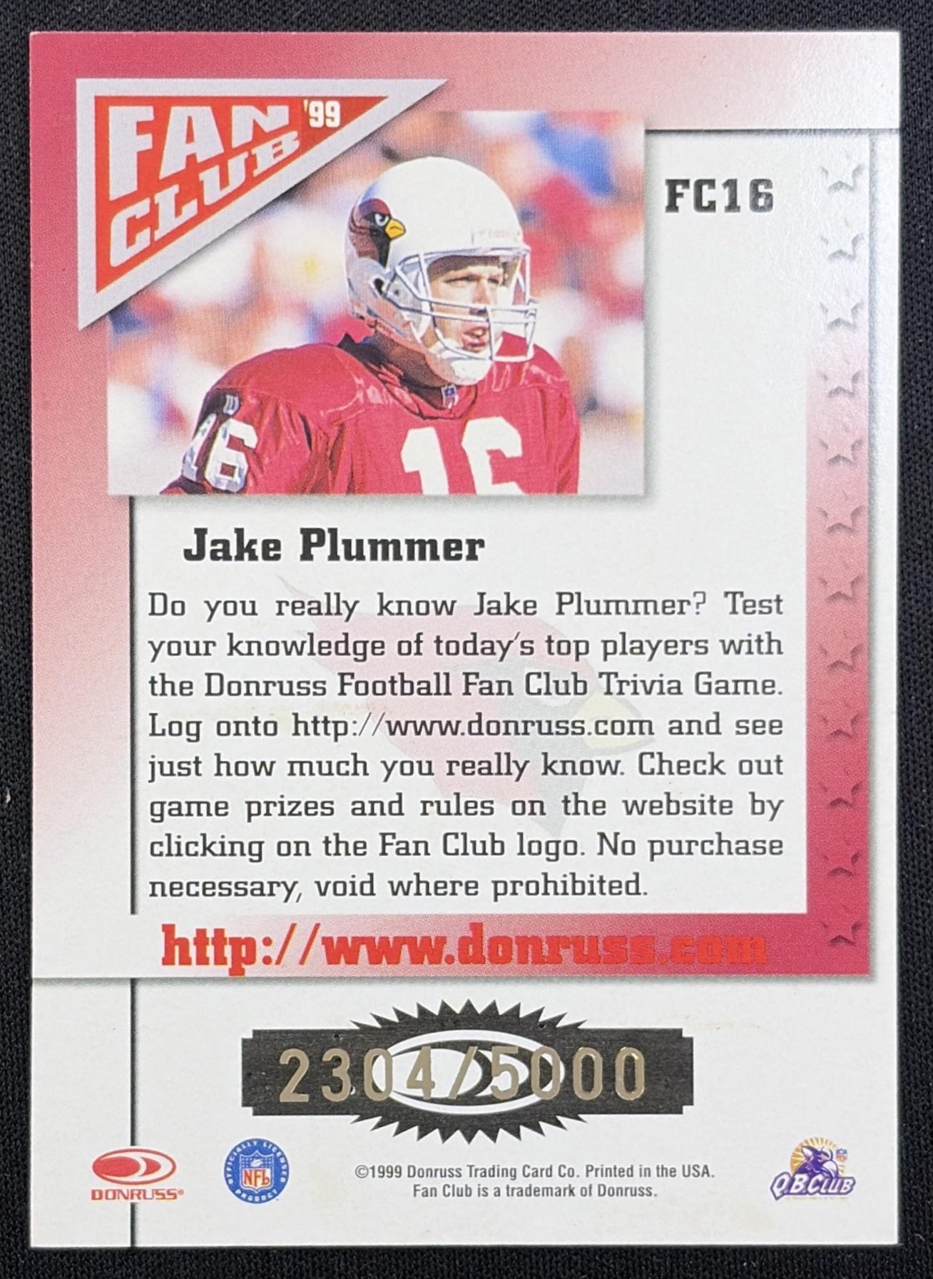 Jake Plummer 1999 Donruss Fan Club Gold /5000 Cardinals Arizona Cardinals