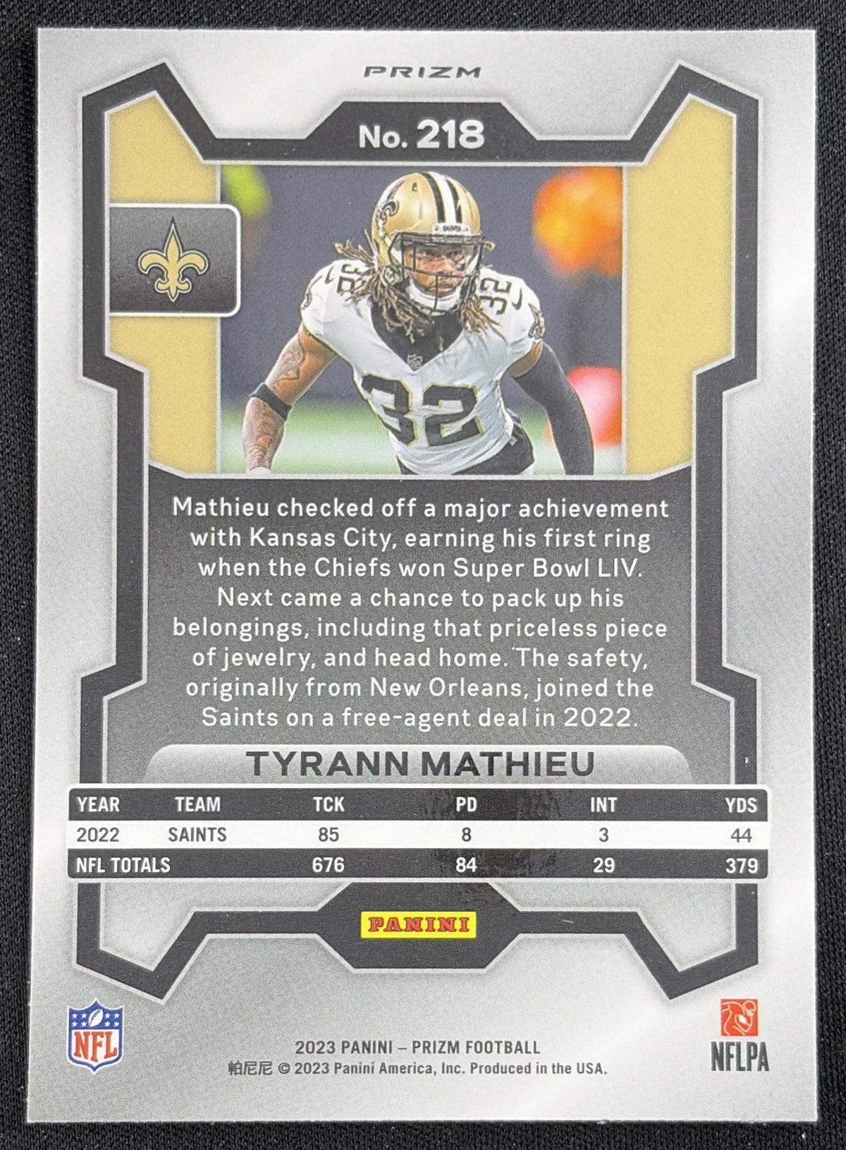 Tyrann Mathieu 2023 Panini Prizm Orange Ice Saints Sports Trading Card