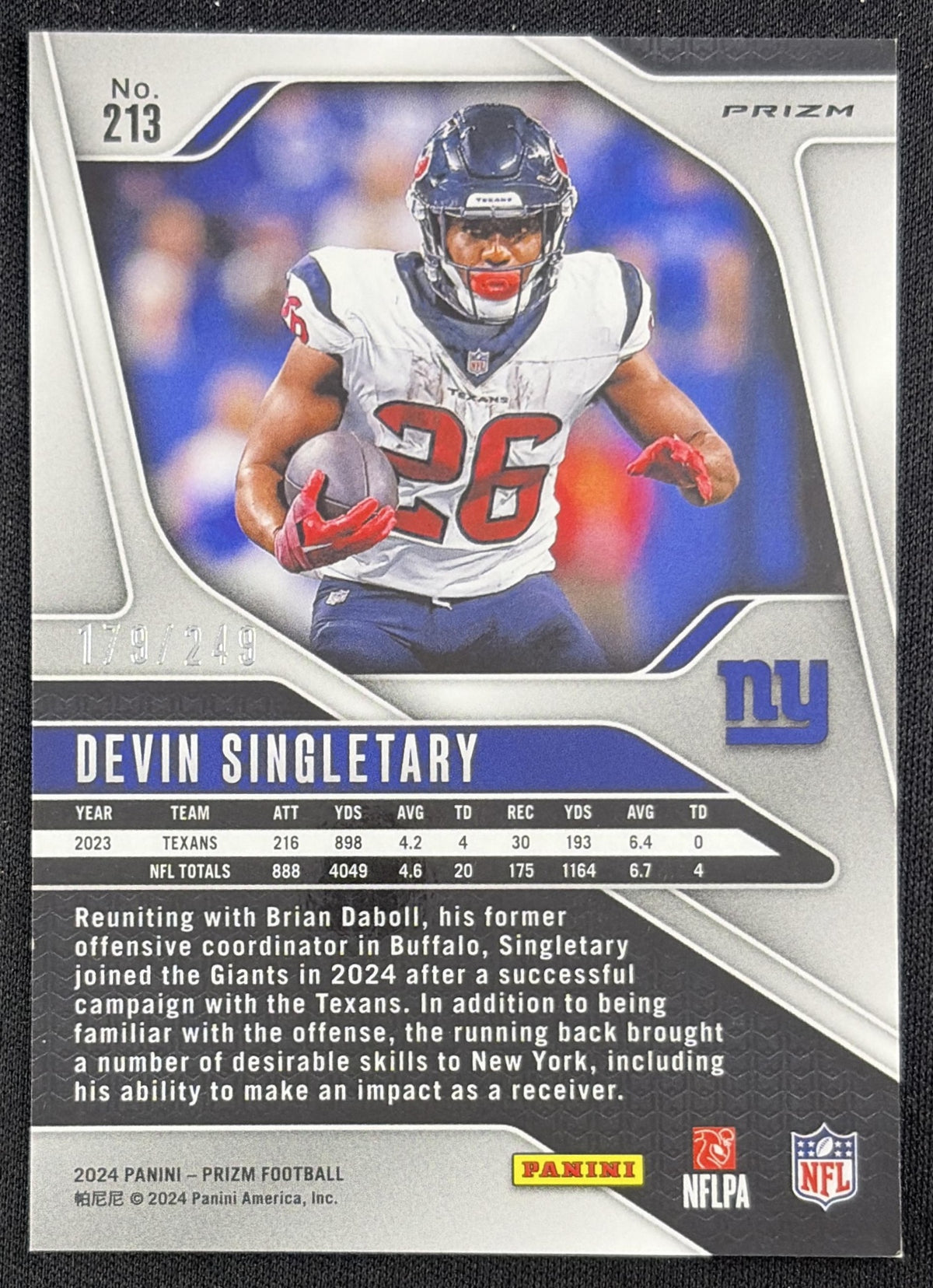 Devin Singletary 2024 Panini Prizm Orange /249 Giants