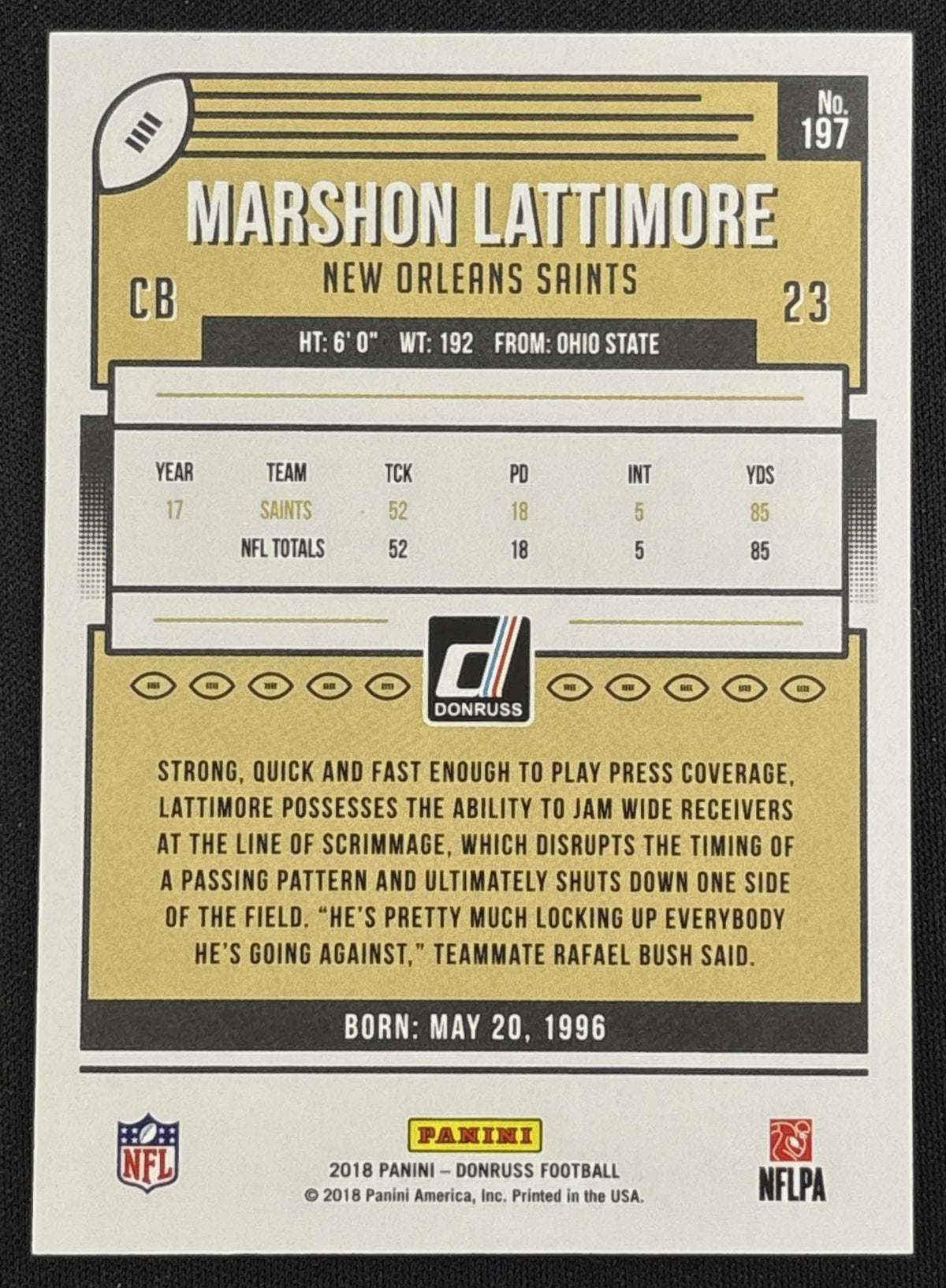 Marshon Lattimore 2018 Panini Donruss Season Stat Line /52 Saints Sports Trading Card