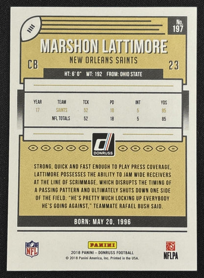 Marshon Lattimore 2018 Panini Donruss Season Stat Line /52 Saints Sports Trading Card