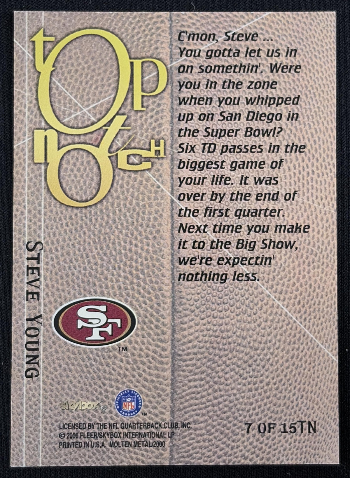 Back of Steve Young 1999 Skybox Molten Metal Top Notch Gold 49ers sports trading card