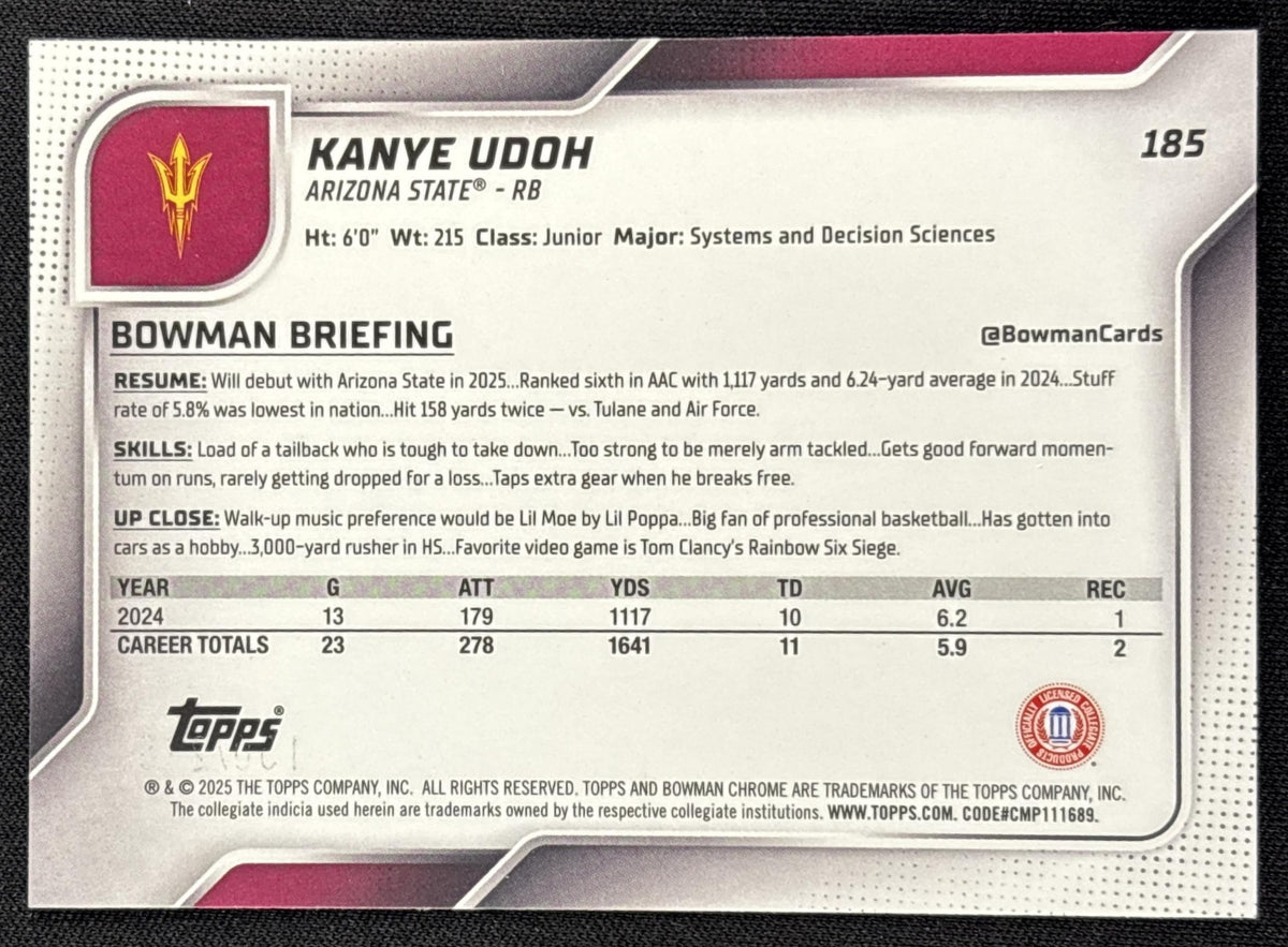 Kanye Udoh 2025 Bowman Chrome University Prospects Lime Green Mini-Diamond Refractor /275 Sun Devils