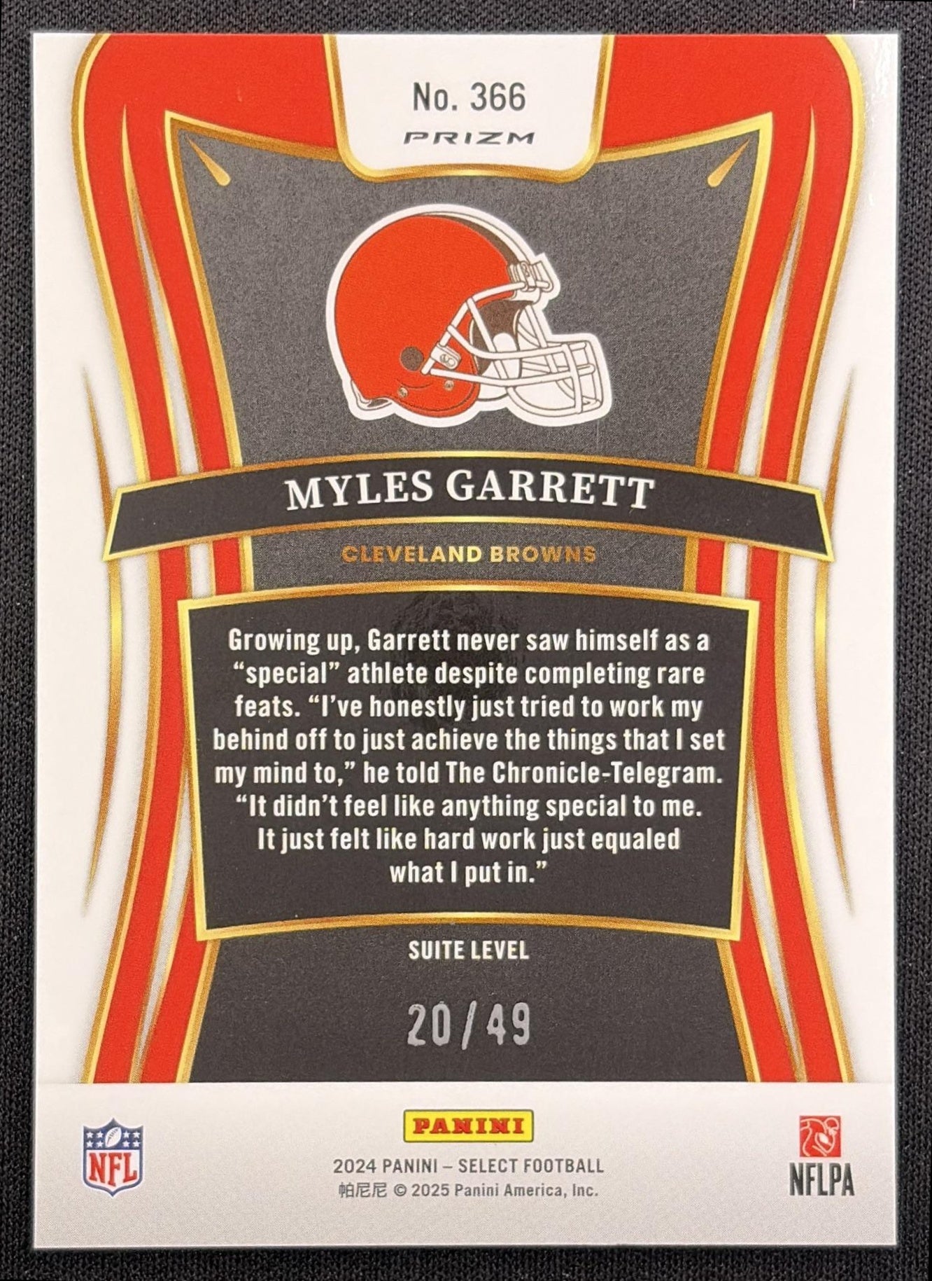 Myles Garrett 2024 Panini Select Suite Red Disco Prizm /49 Browns - back