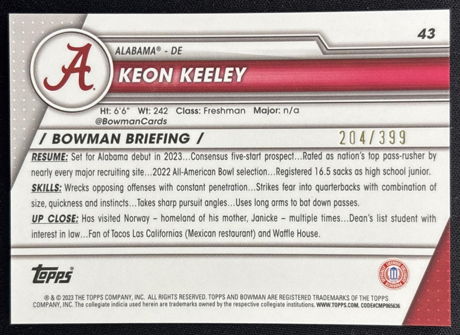 Keon Keeley 2023 Bowman University Chrome Purple Refractor /399 Crimson Tide back