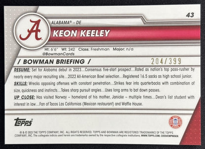 Keon Keeley 2023 Bowman University Chrome Purple Refractor /399 Crimson Tide back