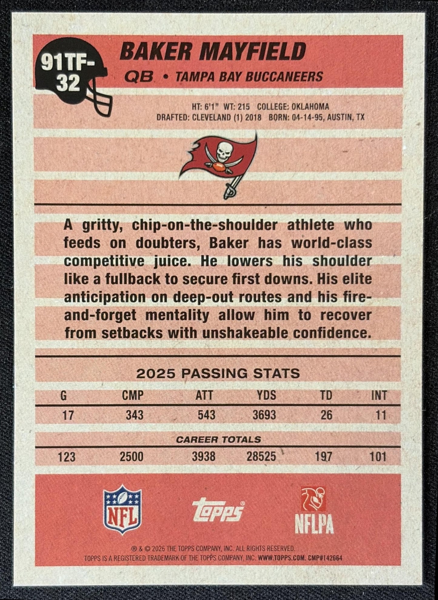 Baker Mayfield 2026 Topps 1991 Buccaneers back