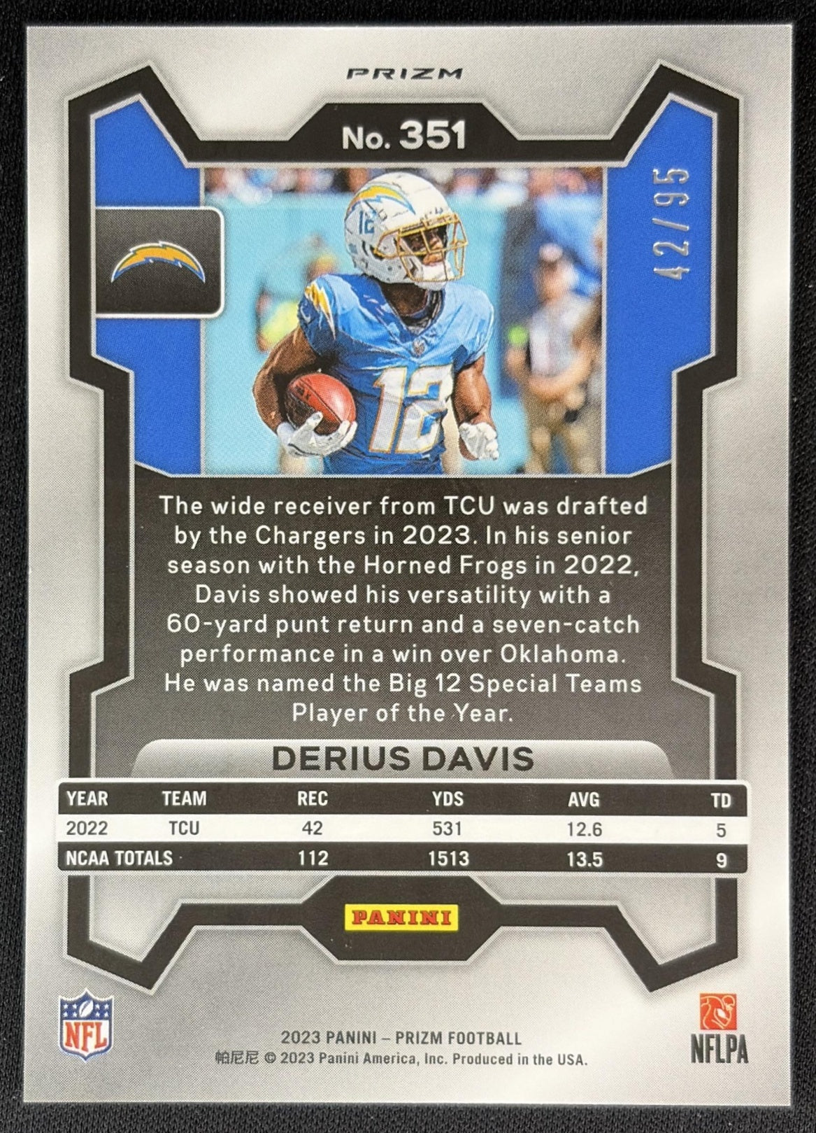 Derius Davis 2023 Panini Prizm No Huddle Blue /95 Chargers back