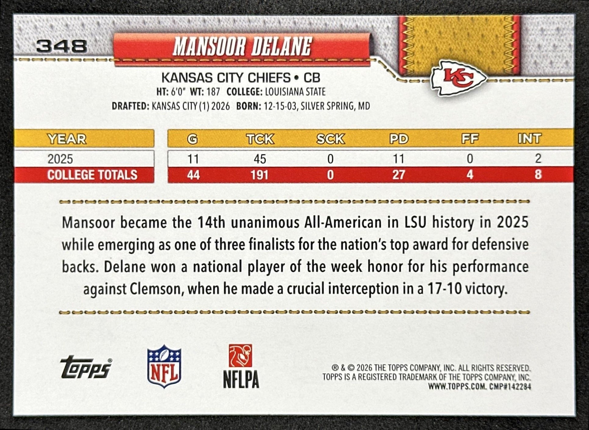 Mansoor Delane 2026 Topps Flagship Rookie Chiefs Sports Trading Cards
