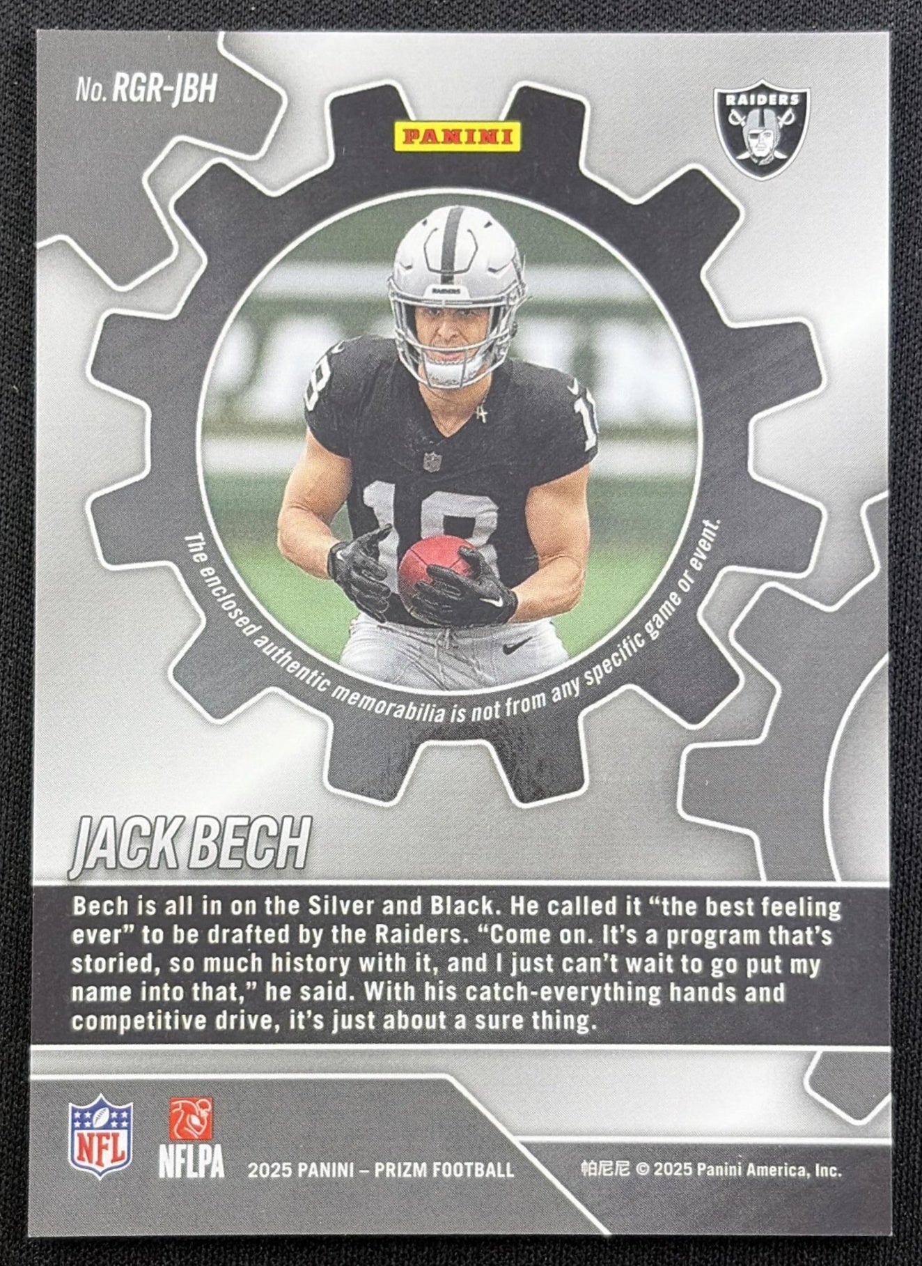 Jack Bech 2025 Panini Prizm Rookie Gear Pink Raiders