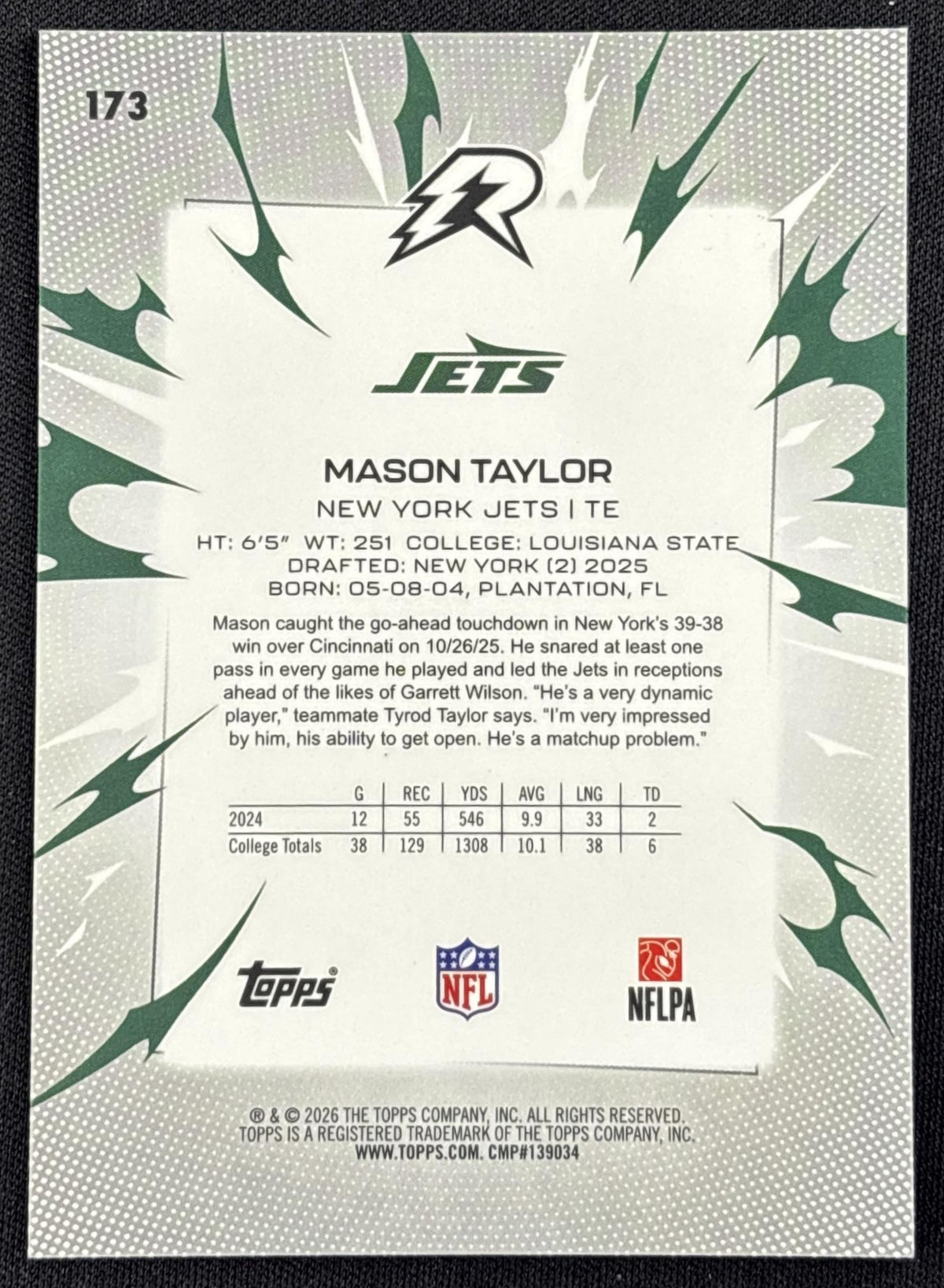 Mason Taylor 2025 Topps Resurgence Black and White Surge Refractor /399 Jets