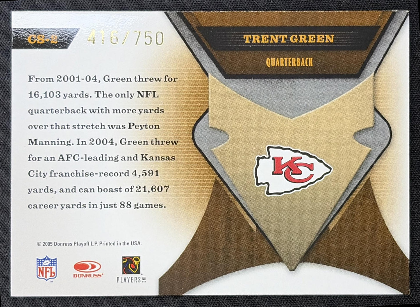 Trent Green 2005 Leaf Certified Materials Skills /750 Chiefs back