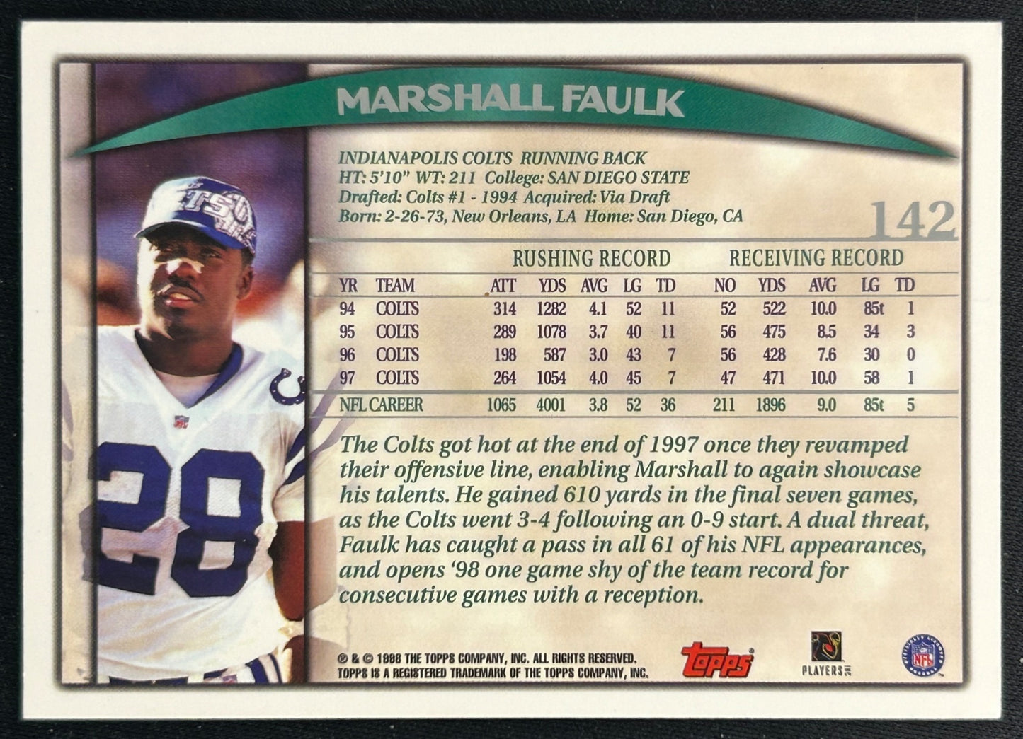 Marshall Faulk 1998 Topps Colts Sports Trading Cards
