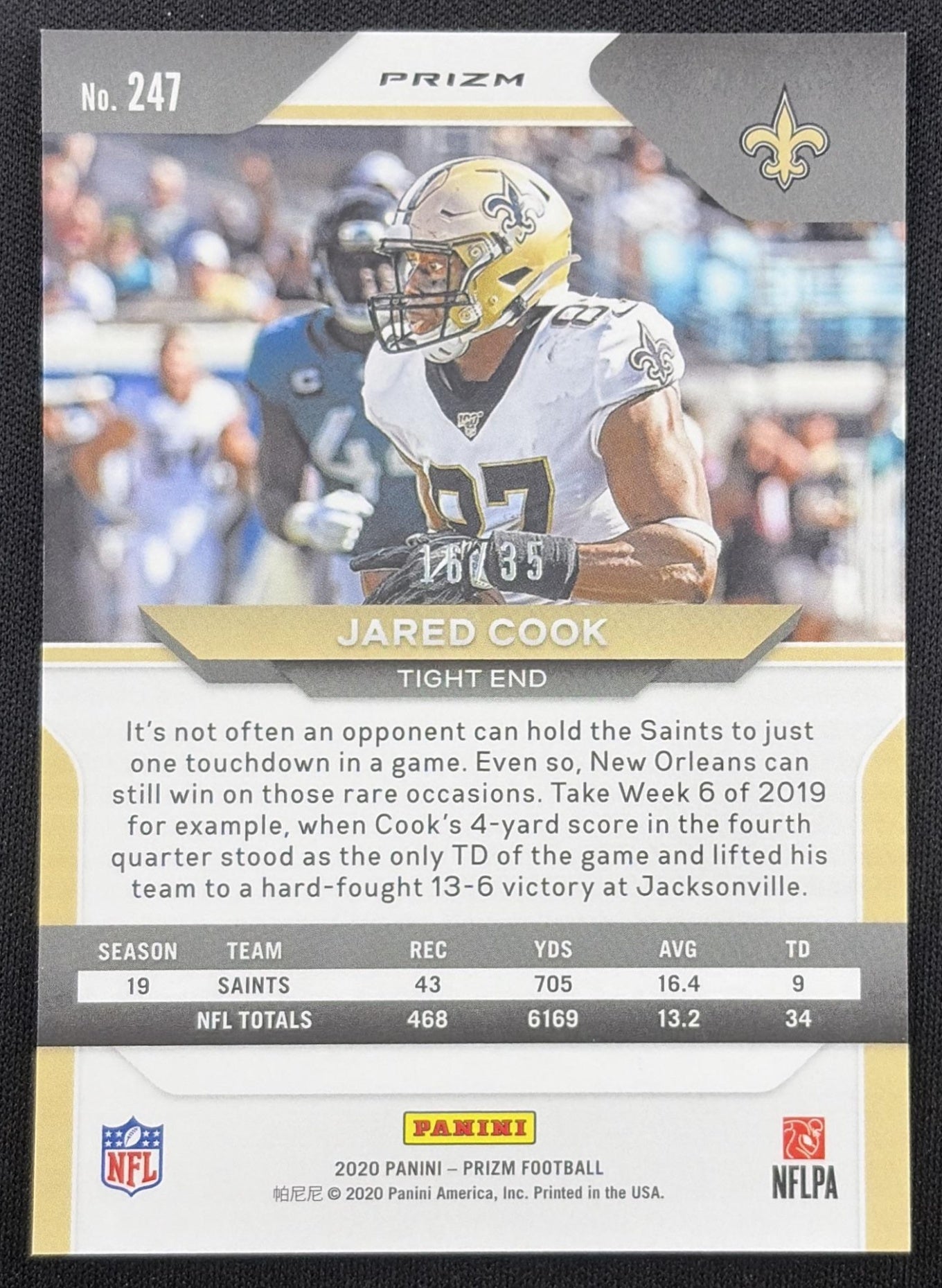 Jared Cook 2020 Panini Prizm No Huddle Purple /35 Saints