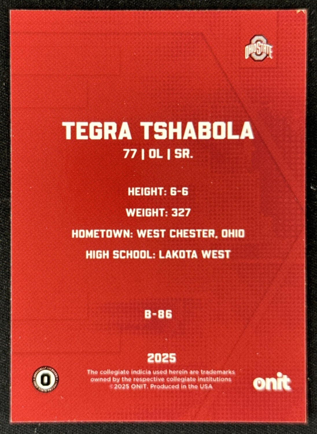 Tegra Tshabola 2025 ONIT Athlete Ohio State Buckeyes Sports Trading Card