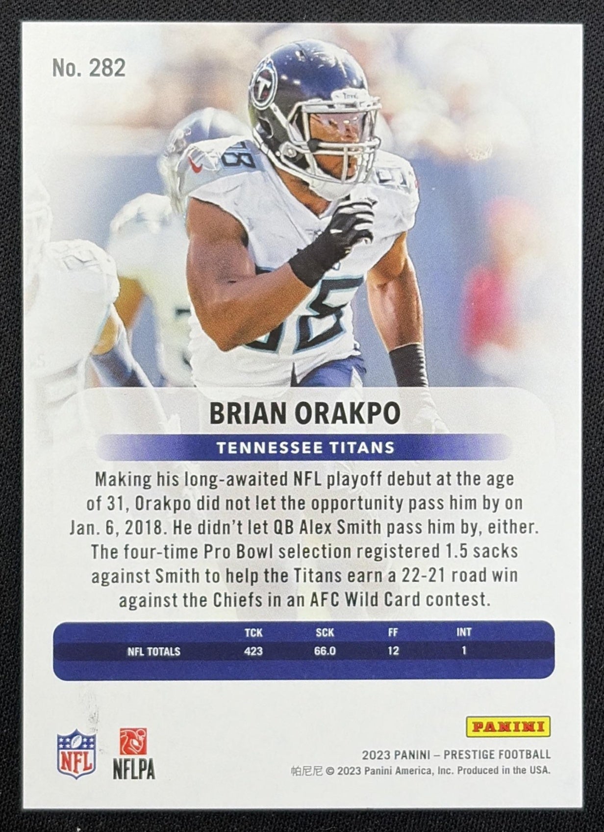 Brian Orakpo 2023 Panini Prestige Xtra Points Red /599 Titans back