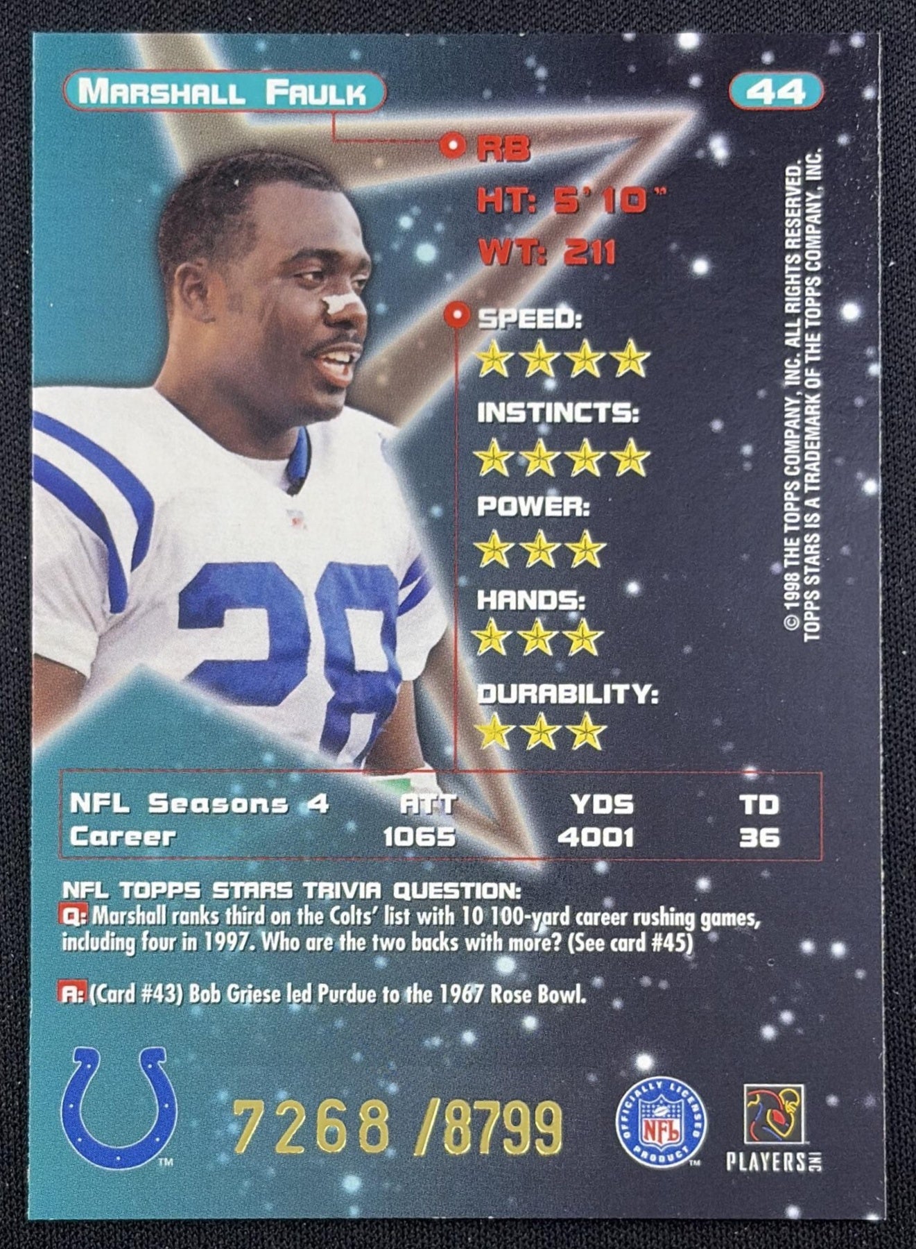 Marshall Faulk 1998 Topps Stars /8799 Colts back