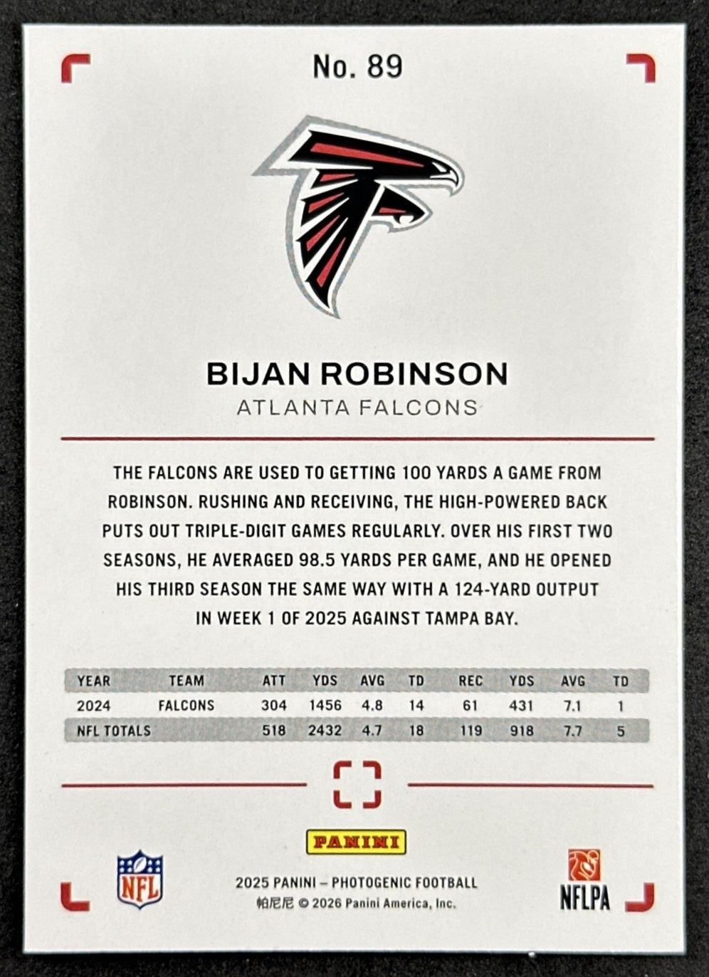 Bijan Robinson 2025 Panini PhotoGenic Falcons back