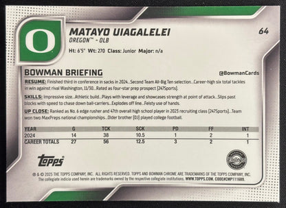 Matayo Uiagalelei 2025 Chrome University Prospects Blue Refractor /150 Ducks Sports Trading Cards