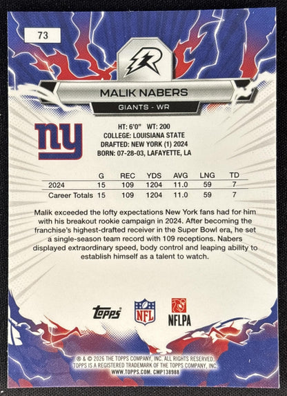 Malik Nabers 2025 Topps Resurgence Giants New York Giants back