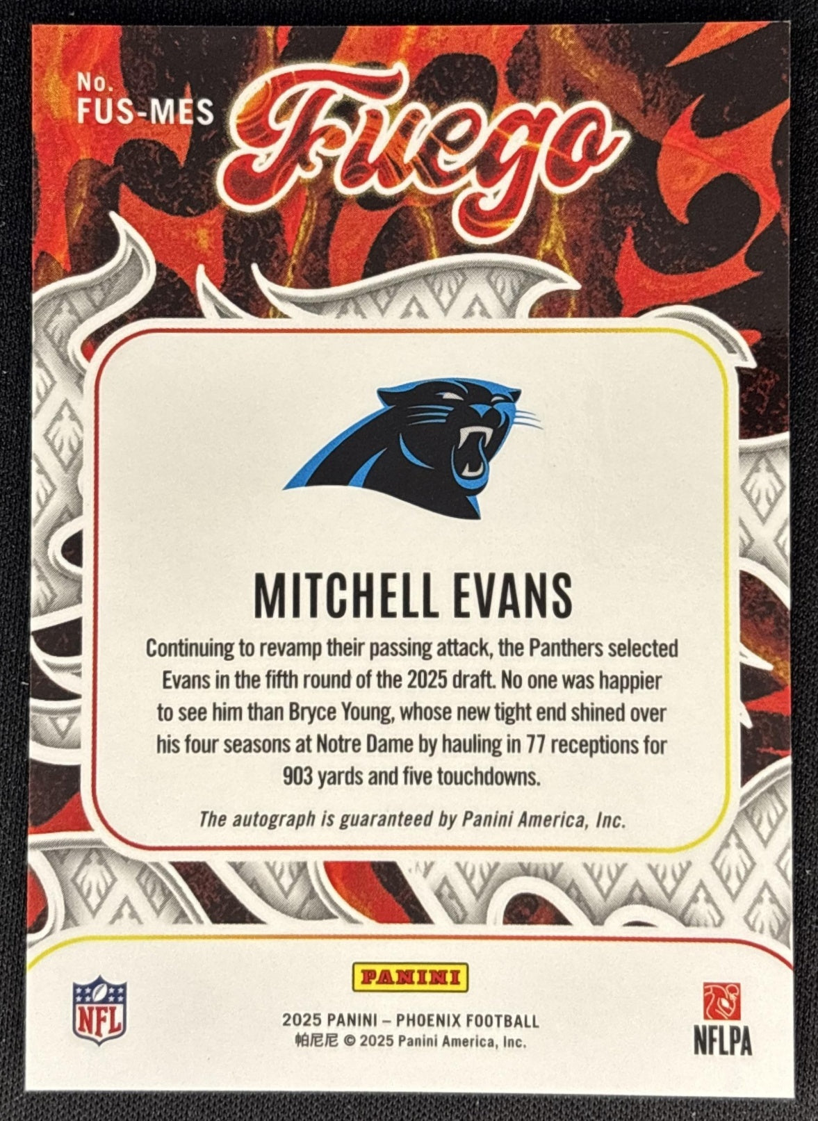 Mitchell Evans 2025 Panini Phoenix Fuego Signatures Panthers