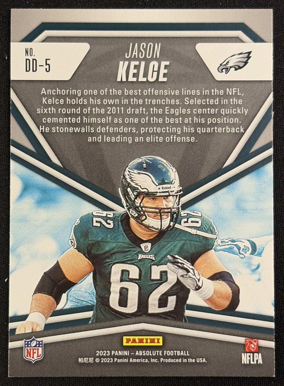 Back of Jason Kelce 2023 Panini Absolute Draft Diamonds Eagles sports trading card