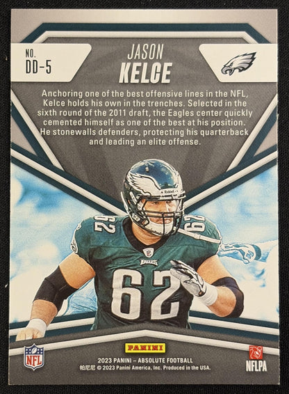 Back of Jason Kelce 2023 Panini Absolute Draft Diamonds Eagles sports trading card