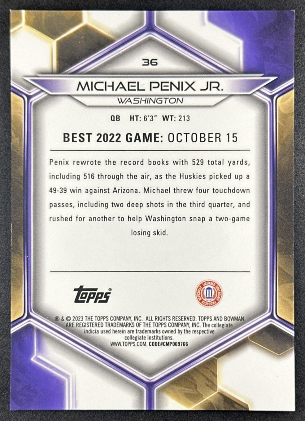 Michael Penix Jr. 2023 Bowman University Best Blue Refractor /150 Huskies Falcons back