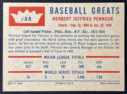 Herb Pennock 1960 Fleer Baseball Greats Giants Sports Trading Cards