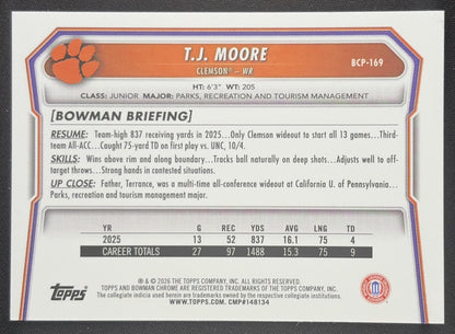 T.J. Moore 2026 Bowman Chrome Prospects Mojo Refractor Tigers Clemson Tigers Sports Trading Card