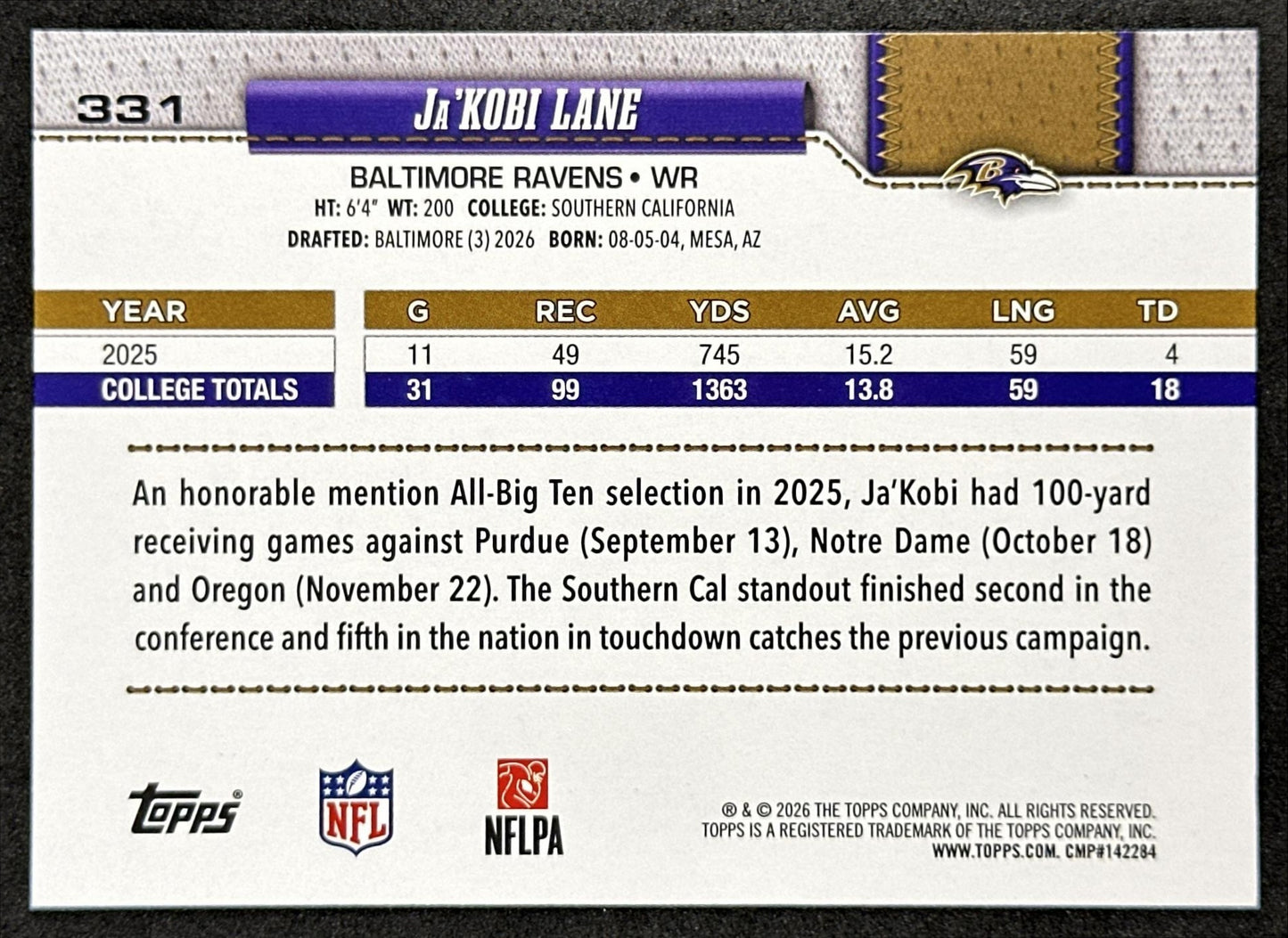 Ja'Kobi Lane 2026 Topps Flagship Rookie Ravens Sports Trading Card