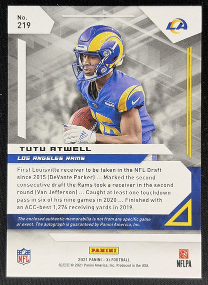 Tutu Atwell 2021 Panini XR Orange Rookie Patch Auto /25 Rams back